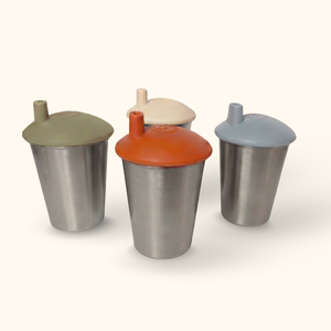 Stainless steel toddler transition cups with silicone sippy lids, view 4 – Monkey Proof