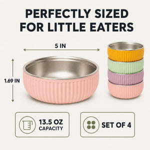 Garden Party ridged stainless steel kids bowls – perfectly sized for little eaters: 5 inch bowl, 13.5 oz capacity, set of 4 – Monkey Proof