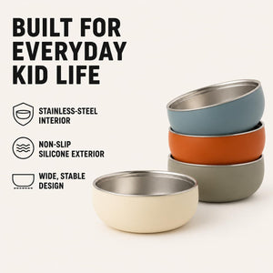 Arizona stainless steel kids bowls – built for everyday kid life: stainless steel interior and non-slip silicone exterior – Monkey Proof