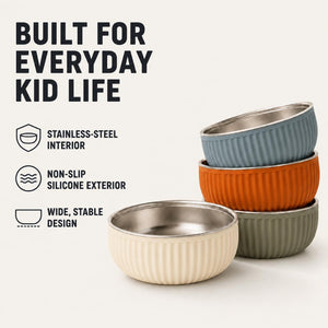 Arizona ridged stainless steel kids bowls – built for everyday kid life: stainless steel interior and non-slip silicone exterior – Monkey Proof