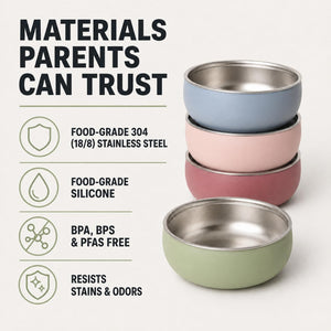 Multicolor stainless steel kids bowls – materials parents can trust: food-grade 304 stainless steel, BPA-free silicone – Monkey Proof