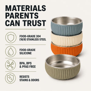 Arizona ridged stainless steel kids bowls – materials parents can trust: food-grade 304 stainless steel, BPA-free silicone – Monkey Proof