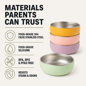 Garden Party stainless steel kids bowls – materials parents can trust: food-grade 304 stainless steel, BPA-free silicone – Monkey Proof