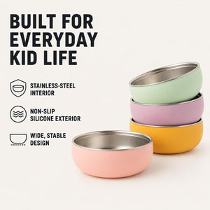 Garden Party stainless steel kids bowls – built for everyday kid life: stainless steel interior and non-slip silicone exterior – Monkey Proof