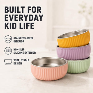 Garden Party ridged stainless steel kids bowls – built for everyday kid life: stainless steel interior and non-slip silicone exterior – Monkey Proof