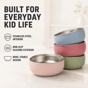 Multicolor stainless steel kids bowls – built for everyday kid life: stainless steel interior and non-slip silicone exterior – Monkey Proof