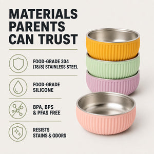 Garden Party ridged stainless steel kids bowls – materials parents can trust: food-grade 304 stainless steel, BPA-free silicone – Monkey Proof