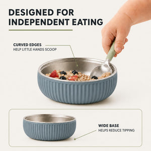 Arizona ridged stainless steel kids bowls – designed for independent eating: curved edges and wide base – Monkey Proof