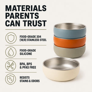Arizona stainless steel kids bowls – materials parents can trust: food-grade 304 stainless steel, BPA-free silicone – Monkey Proof