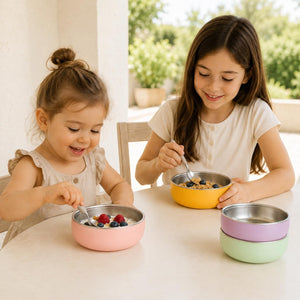 Garden Party stainless steel kids bowls – kids eating from Garden Party stainless steel bowls at the table – Monkey Proof