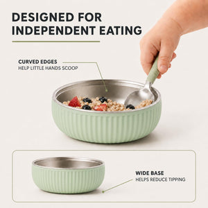 Garden Party ridged stainless steel kids bowls – designed for independent eating: curved edges and wide base – Monkey Proof
